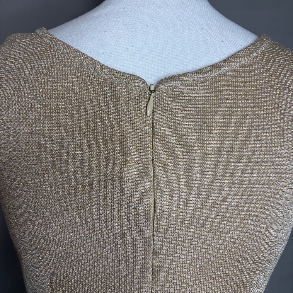 ST JOHN Gold Metallic Dress 8 Stretch Knit A-Line Quiet Luxury Wedding Guest - Picture 8 of 15